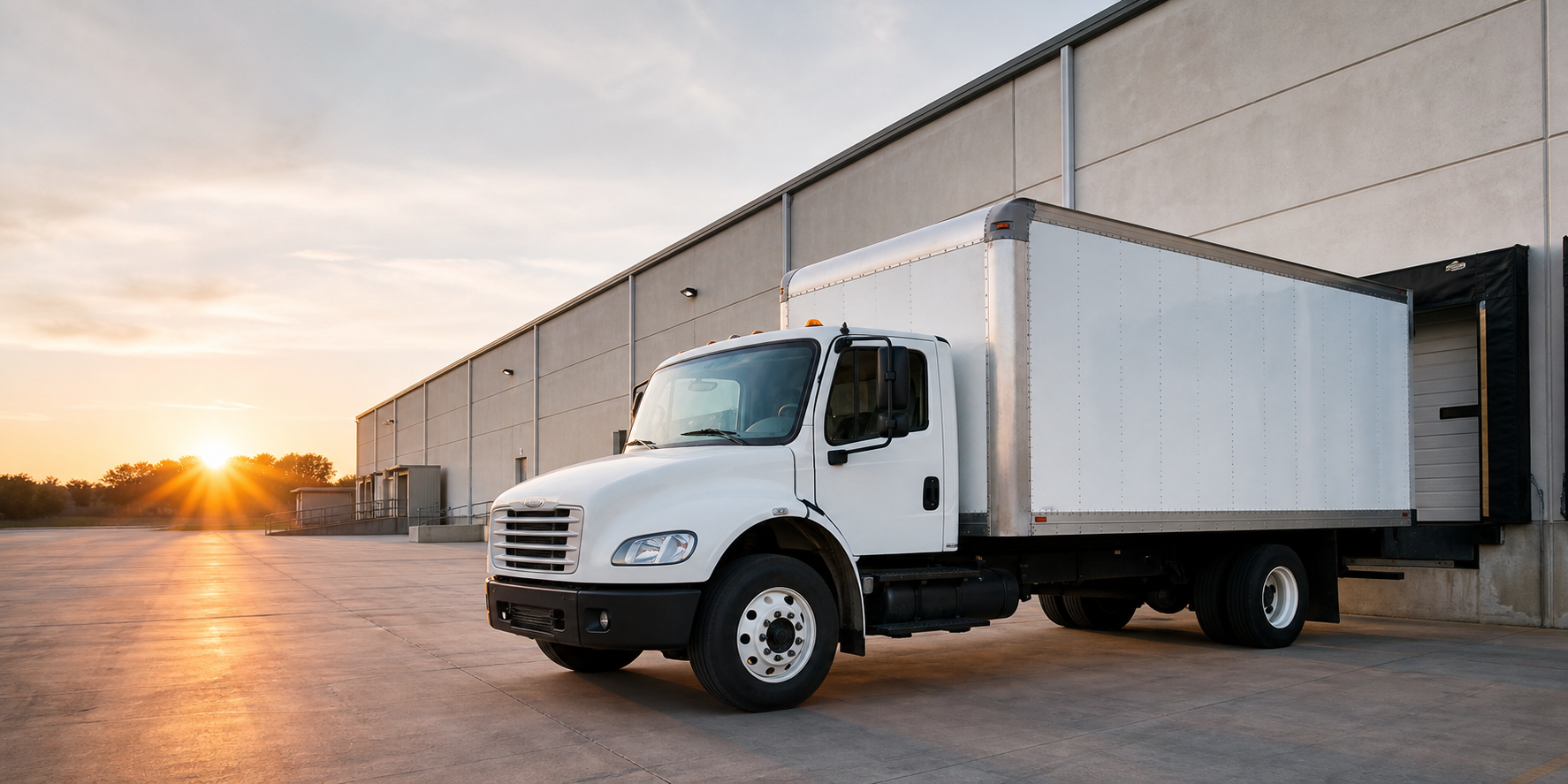 White box truck staged at a warehouse dock for commercial freight delivery