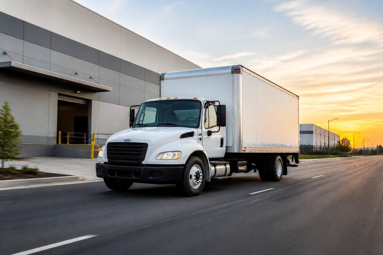 White box truck moving through an industrial logistics route near a warehouse
