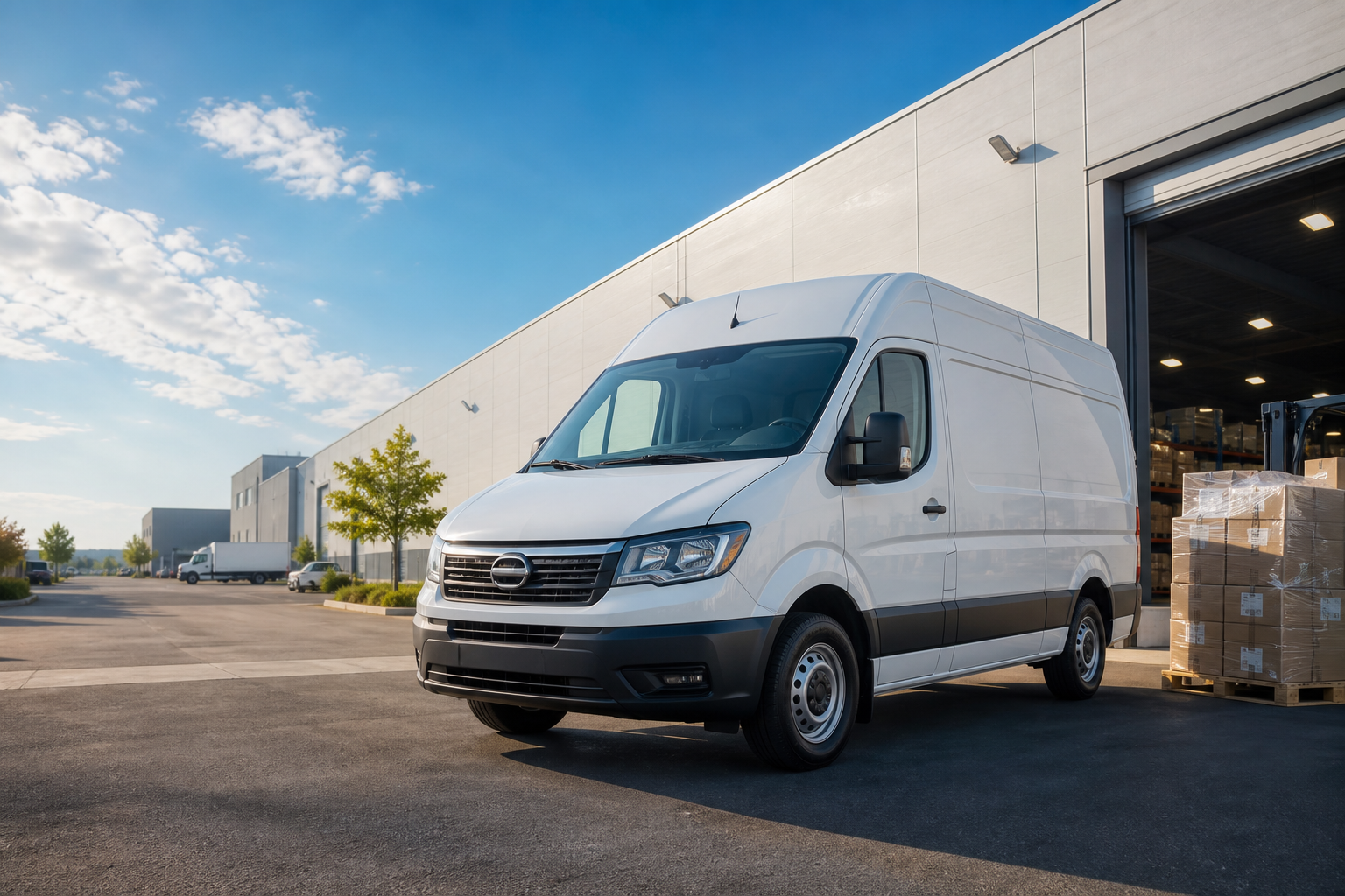 White high-roof cargo van at a warehouse loading area with freight nearby